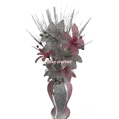 £26.99 • Buy PINK SILVER VASE WITH FLOWERS MOSAIC CRUSHED CRYSTAL ROMANY BLING 30cms💎