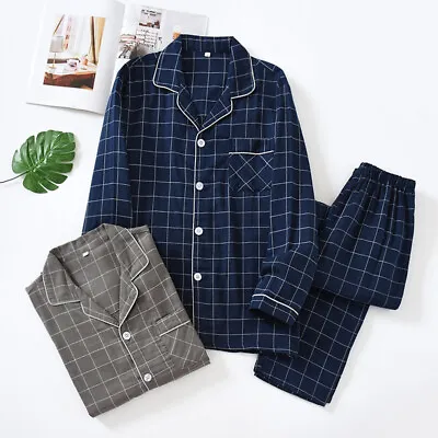 Chinese Japanese Mens Blue Plaid Pajamas Set Cotton Nihghtwear Pyjamas Homewear • $18.98
