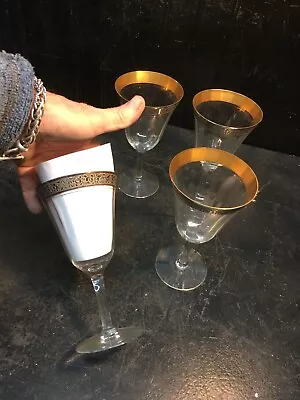 Vintage 4pc  Silver Lot Tiffin Gold Rimmed 6.5  Water / Wine Wine  Goblet • $58.49