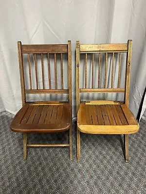 Vintage Wood FOLDING CHAIR PAIR Dining Wedding Church Slat Primitive Country Set • $65