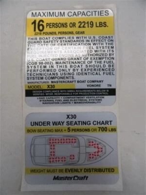 $16.95 • Buy Master Craft X30 16 Persons Max / Seating Chart Decal Kit (2) 753764a Marine