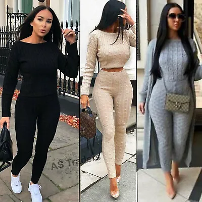 Womens Ladies Chunky Cable Knitted Co-ord Top Legging Loungewear Tracksuit Set • £8.89