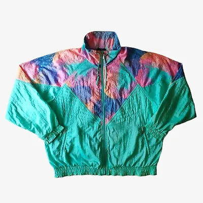 Vintage 80s Rodeo Multi Patterned Colourful Green Pink Shell Track Jacket Retro • £31