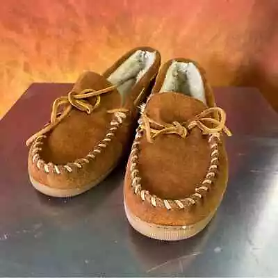 Minnetonka Brown Suede Leather Moccasin Slip On Shoe Sz 8 Faux Fur Lined Slipper • $18.99