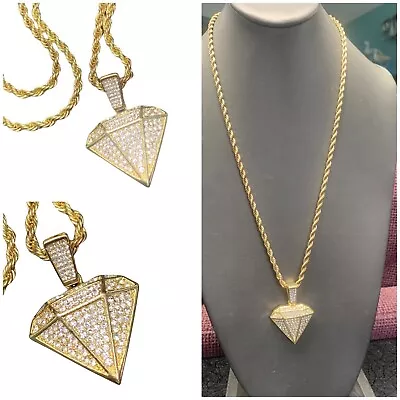 Large Chunky Diamond Shape 14k Gold Plated Micro Pave Pendant Necklace • $32.50