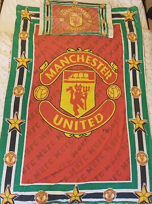 Vintage Manchester United Single Duvet & Pillowcase Set Stars Red & Green MUFC • £26.99