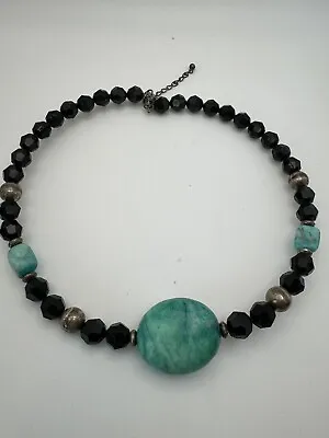 Amazonite Stone Sterling Black Acrylic Beaded Memory Wire Choker Necklace 10in • £28.94