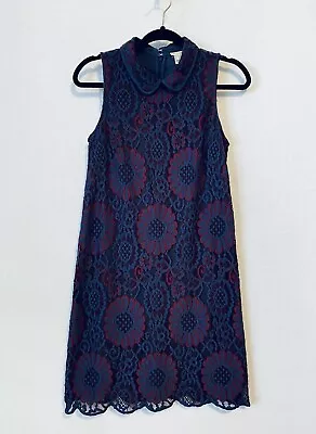 J Crew Dress Womens 2 Peter Pan Lace Collar Sleeveless Sheath Blue Red H3189 • $30.55