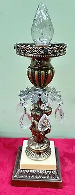 Vintage Hollywood Regency Cherub Crystal Prisms & Brass Table Key Turn Lamp Read • $99