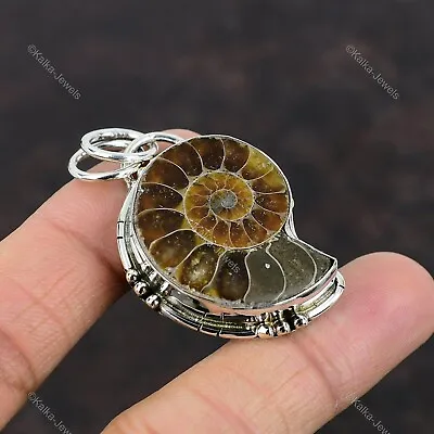 Natural Ammonite Fossil Gemstone Pendant Vintage 925 Sterling Silver Jewelry • $15.30