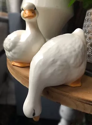 Ceramic Duck Set (2) White Vintage Hand Painted Shelf Sitters 7” & 6” *read • $15