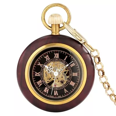 Around Wood Mechanical Pocket Watch For Men With Chain Skeleton Roman Numerals • £23.99