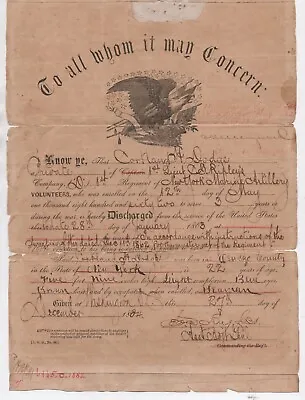 $112.49 • Buy 1864 US Civil War Discharge Certificate Cortland Dodge New York Marine Artillery