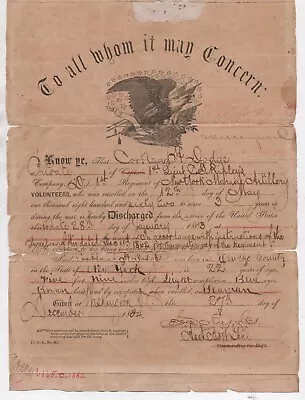 $112.49 • Buy 1864 US Civil War Discharge Certificate Cortland Dodge New York Marine Artillery
