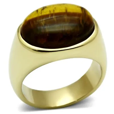 Mens Tiger Eye Gold Ring 18kt Signet Pinky Topaz Brown  Stainless Steel Smart  • £19.95