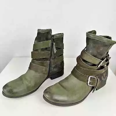 Miz Mooz Savvy Camo Green Burnished Leather Belted Buckle Booties Size 41/9.5-10 • $94.99