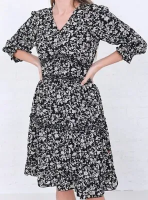 Mikarose Charlie Dress Black Floral Size Large Tiered Skirt Empire Waist • $24.99