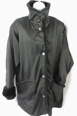 $16.21 • Buy DANNIMAC Womens Winter Coat Black Faux Fur Button Jacket MEDIUM Pockets