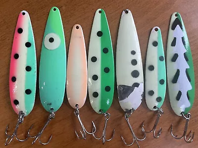 (7) USED Moonshine SUPER GLOW Salmon Trolling Spoons Great Lakes FIshing Lake MI • $39.49