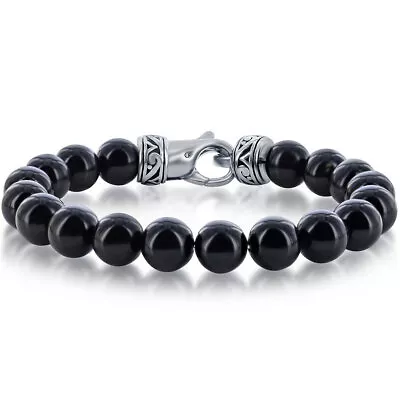 Blackjack Men's Bracelet Stainless Steel Genuine Black Onyx 10mm Bead ST-1627 • $42.26