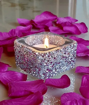 £10.99 • Buy 2 X Silver Bling Candle Tea Light Holder Glass Crushed Diamond Stunning Lux Gift