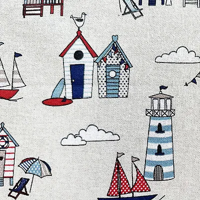 Canvas Fabric - Beach Huts Lighthouse Boats Seaside Print Craft Fabric Material • £7.99