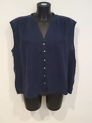 M&S Ladies Size 20 100% Linen Navy Top Blouse Sleeveless Button Up • £18