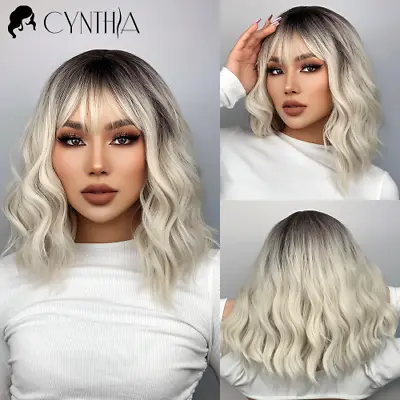 Ombre Blonde Short Bob Synthetic Bangs White Gold Cosplay Lolita Heat Resistant • £60.68