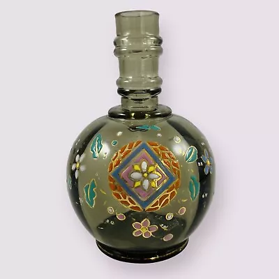 Smokey Gray Bohemian Hand Painted Floral Glass Bud Table Vase Bottle 6” • £24.10