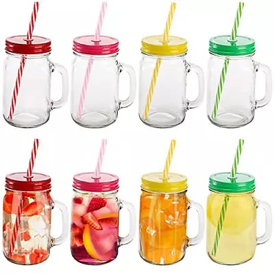 8 Pack 16oz Glass Mason Jar Drinking Glasses W/ Lids And Handle For Cold Drinks • $40.42