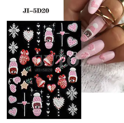 5D Embossed White Pink Snowflake Heart Hat Cane Nail Art Stickers Decal Peel Off • $2.89