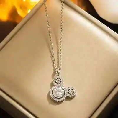 Elegant 925 Sterling Silver White Topaz Mickey Mouse New Jewelry Charms Necklace • $19.74