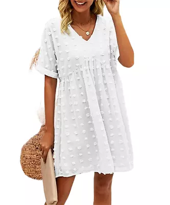 Simple Flavor White Swiss Dot Empire Waist V-neck Short Sleeve Dress M New • £12.34