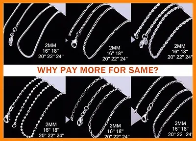 $3.45 • Buy Wholesale 925 Sterling Silver Filled 2MM Necklace Chains For Pendants 16 - 24 
