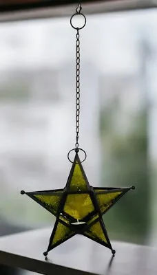 Vintage Hanging Art Deco Moroccan Boho Stained Glass Green Star Tea Light 10” • $25