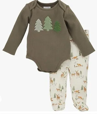 Mud Pie Baby Waffle Deer 2 Pc Set Outfit Trees 0-3 Months NEW Girl Boy Neutral • $30