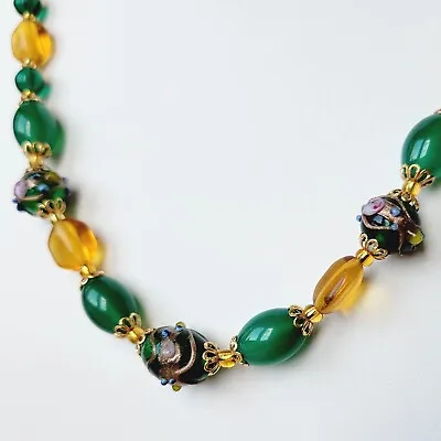 Lampwork Necklace 21'' Murano Green Glass Orange Beads VINTAGE WOMEN'S JEWELRY • $52.50