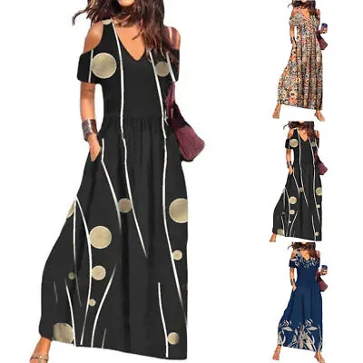 $25.17 • Buy Women Cold Shoulder Floral Short Sleeve Maxi Long Dress Summer Loose Sundress