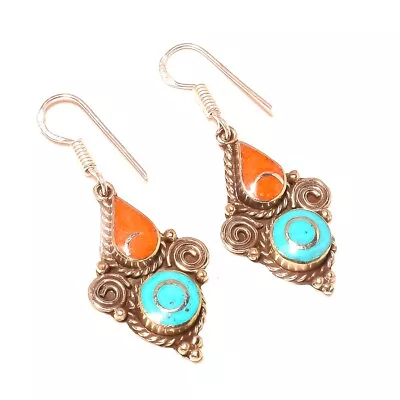 Tibetan Turquoise Coral Ethnic Tribal Drop/Dangle Nepali Earrings 2.20  NE 5038 • $6.49