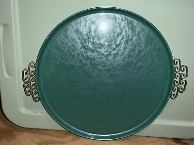 Vintage Moire Glaze Kyes Turquoise Mcm Enameled Round Serving Tray U.s.a. • $30