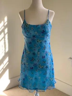 Vtg Y2K Butterfly Chiffon Cami Dress 5 Small Blue Mesh Lace Angelcore Fairycore • $39.95