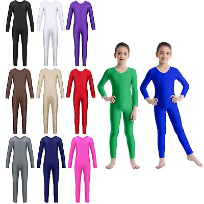 Kids Girls Long Sleeves Unitard Bodysuit Gymnastic Dance Leotard Catsuit Costume • £11.49