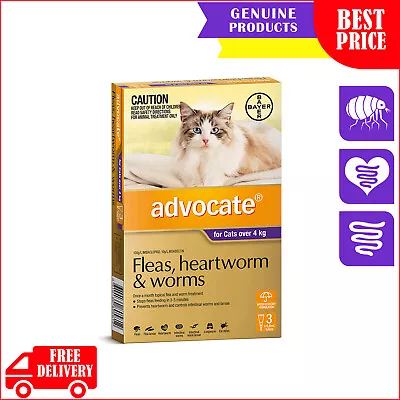 ADVOCATE For Cats Over 4 Kg PURPLE 3 Pipettes Heartworm Flea Worms Treatment • $51.96