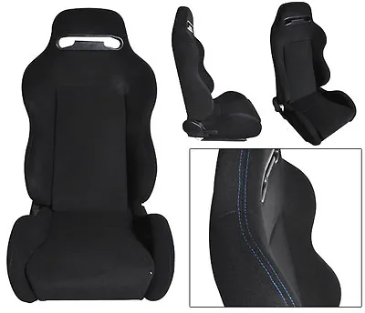 NEW 2 Black Cloth + BLUE Stitching Racing Seats RECLINABLE Ford Mustang Cobra • $285.50