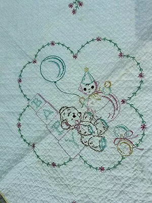 Vintage Hand Embroidered Child's Quilt ~ BABY ~ 31x43  ~ Pale Yellow • $9.99