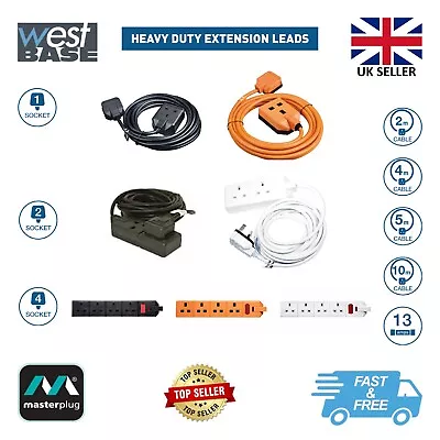 Masterplug Heavy Duty 2m 4m 5m 10m Extension Cable Lead 1 2 4 Gang Socket 13 Amp • £21.09