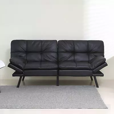 Black PU Memory Foam Futon Sofa Bed Couch Sleeper Convertible Foldable Loveseat • $268.65