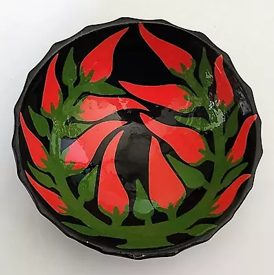 Vintage Mexican Terra Cotta 3-Footed Salsa Bowl 5.5  Black With Chili Peppers • $11.99