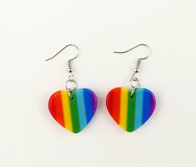 Ladies Womens Gay Pride Rainbow Stripe Heart Shape Earrings Pair Brand New • £3.99