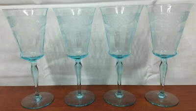 7630-10 Morgantown AZURE BLUE Optic Cut Floral Lattice 8  WATER GOBLETS 4 Set 3 • $50.78